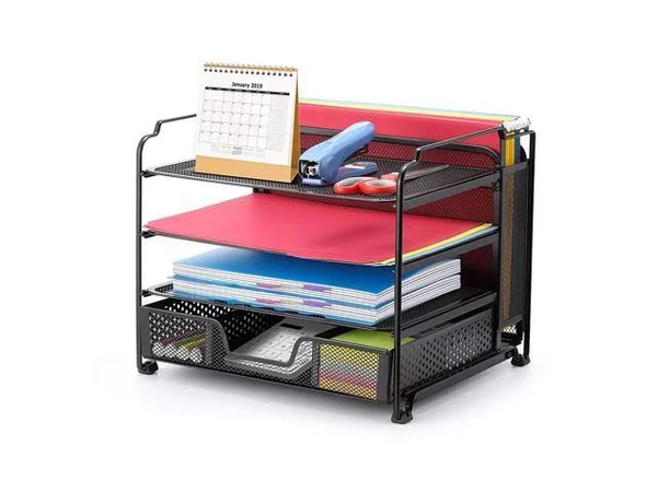 Simple Trending 4-trays Mesh Office Supplies Desk Organizer, Desktop Hanging File Holder with Drawer Organizer and Vertical Upri