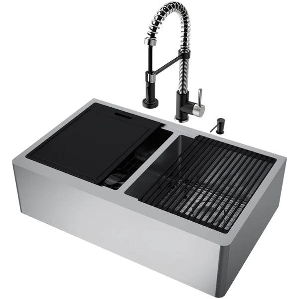 Vigo Oxford Stainless Steel 33 in Double Bowl Flat Farmhouse Apron-Front Workstation Kitchen Sink with Faucet and Accessories - S