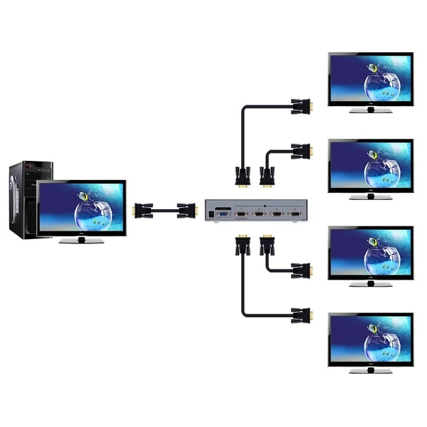 DTech Powered 1 in 4 Out VGA Video Splitter Distribution Amplifier 500MHz Supports High