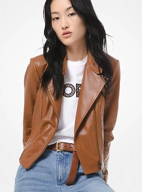 Michael Michael Kors - Leather Moto Jacket, Brown, Xs