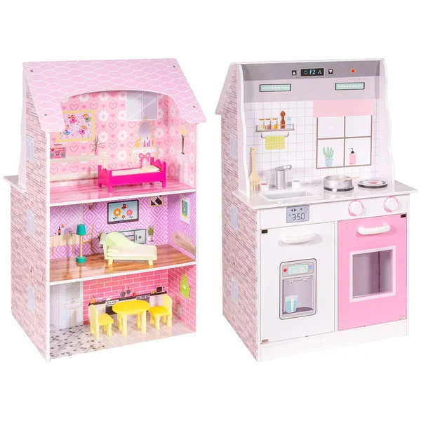 2-in-1 Doll House & Play Kitchen Pretend Playset Cooking 3 Level Dollhouse Set