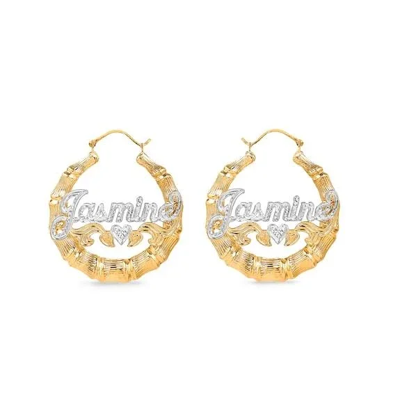 Zales Two-Tone Bamboo Name Hoop Earrings in Sterling Silver with 24K Gold Plate (10 Characters)