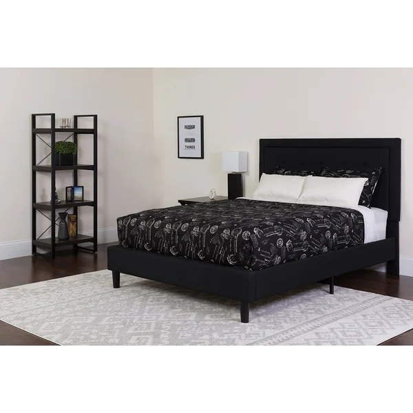 BSD National Supplies - Logan Queen Size Black Fabric Platform Bed with Button Tufted Headboard