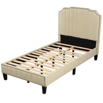 Modern Linen Curved Upholstered Platform Bed - Solid Wood Frame, Nailhead Trim (Full) Red Barrel Studio Color: Beige, Size: Twi