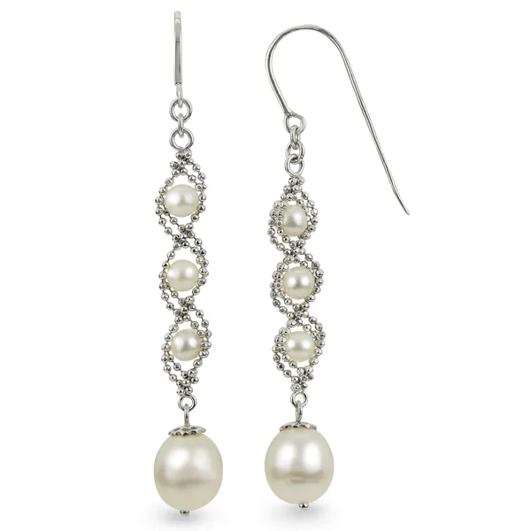 PearLustre by Imperial White Sterling Silver Freshwater Pearl Dangle Earrings (8-8.5 mm, 3-3.5 mm) Stg Imperial Lace FWP Drop