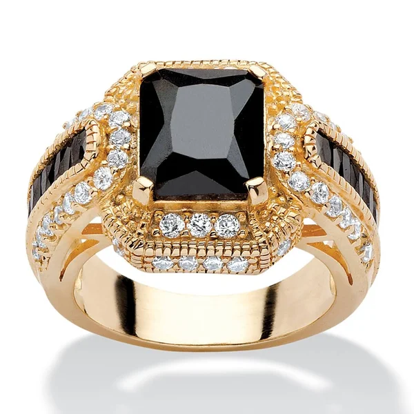 PalmBeach Jewelry 5.81 TCW Emerald-Cut Black Cubic Zirconia Ring in 14K Yellow Gold Over Sterling Silver