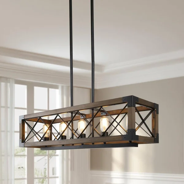 LNC Livia Nature Brown Wood and Black Farmhouse Linear LED Large (Larger Than 22-in) Kitchen Island Light - V2ERNJLWS3529A6