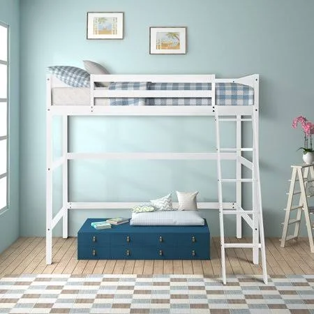 Beyamis Solid Wood Twin Size Loft Bed with Ladder(White) - Size: 42.3