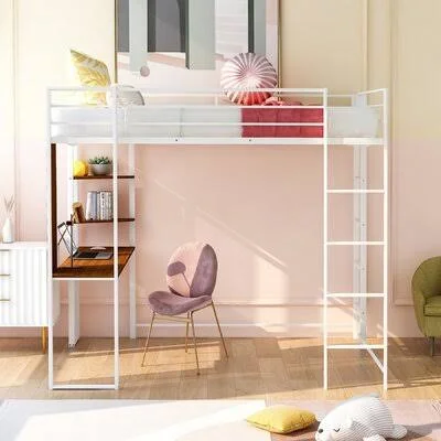Full Size Metal Loft Bed with 2 Shelves and One Desk, White Mason & Marbles Color: White