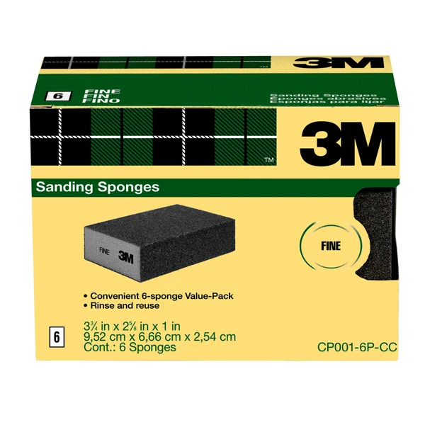 3M CP001-6P-CC Sanding Sponge, 3.75 in x 2.625 in x 1 in Fine, 6/pk